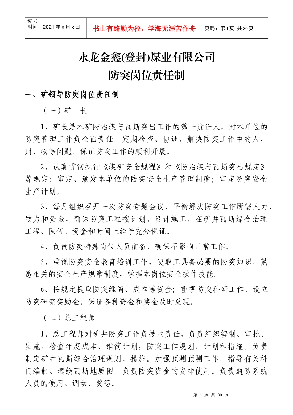 某煤业有限公司防突岗位责任制汇编_第1页