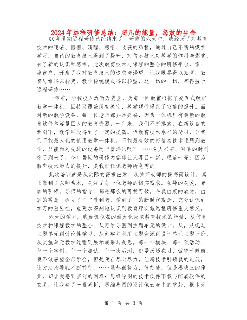2024年远程研修总结：超凡的能量-怒放的生命_第1页