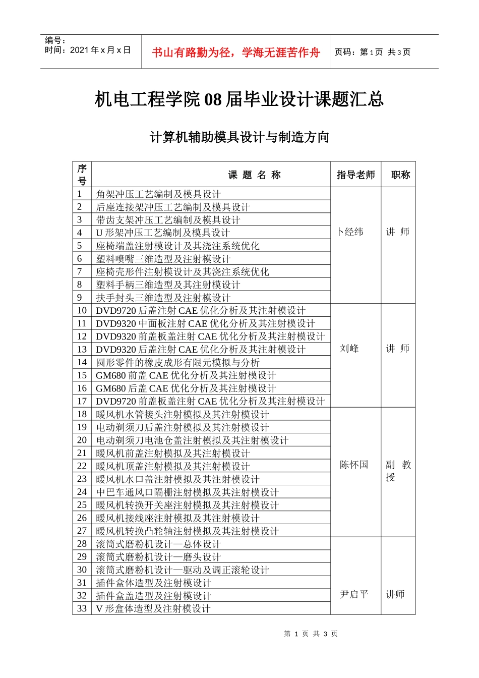 机电工程学院08届毕业设计课题汇总_第1页