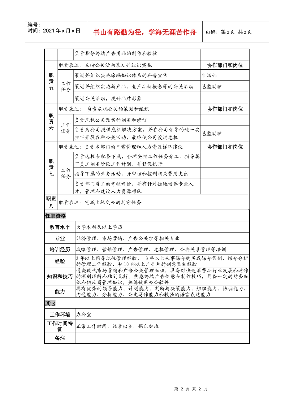 日化企业广告公关部总监岗位说明书_第2页