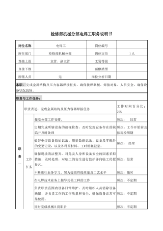 检修部机械分部电焊工岗位说明书