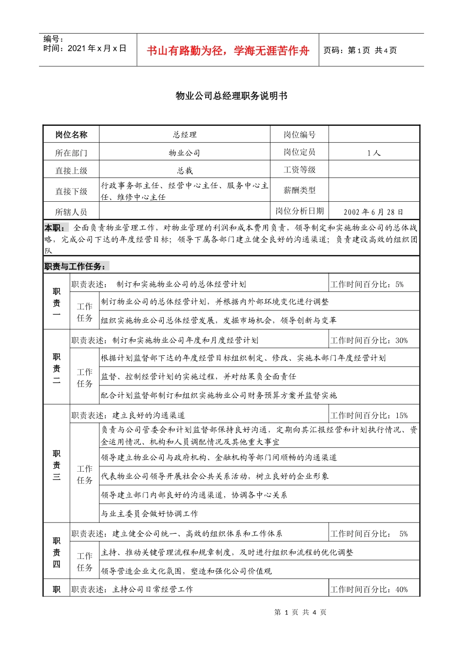 物业公司总经理职务说明书_第1页