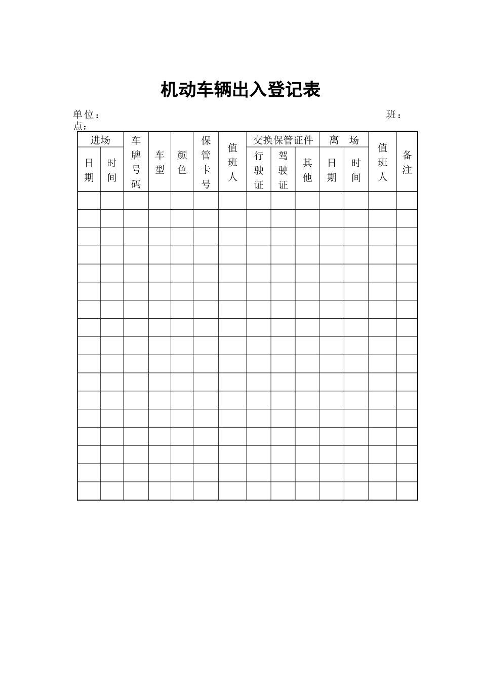 物业管理表格-机动车辆出入登记表_第1页