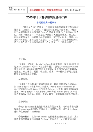 某年度十大奢侈服装品牌排行榜