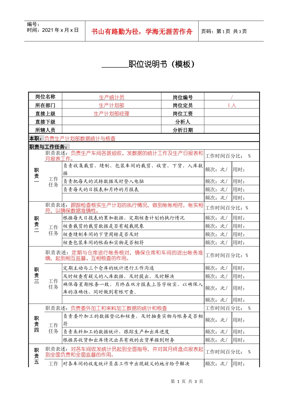 某服装生产企业生产统计职位说明书_第1页