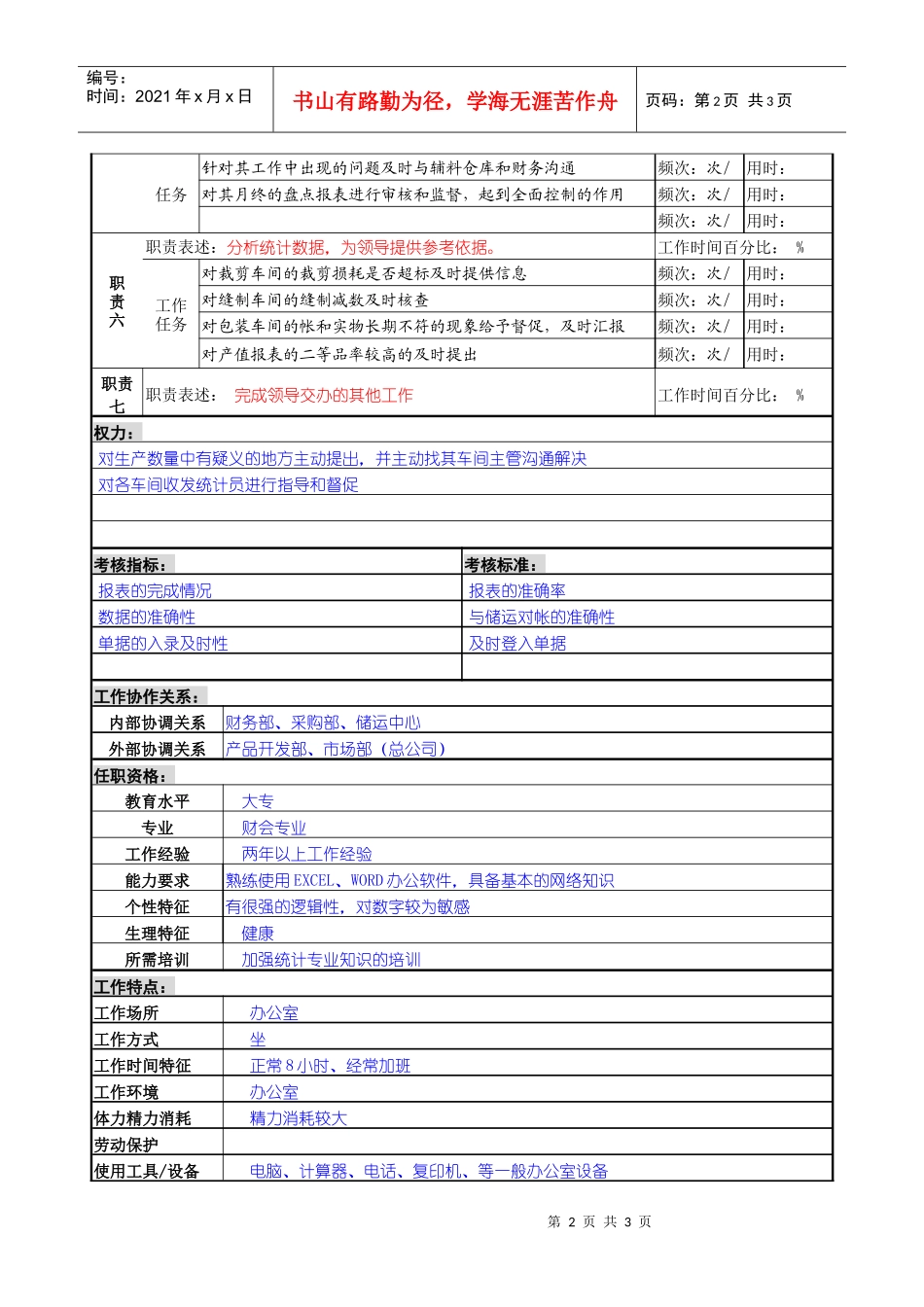 某服装生产企业生产统计职位说明书_第2页