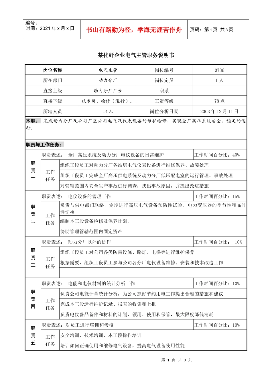 某化纤企业电气主管职务说明书_第1页