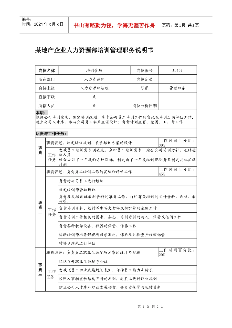 某地产企业人力资源部培训管理职务说明书_第1页