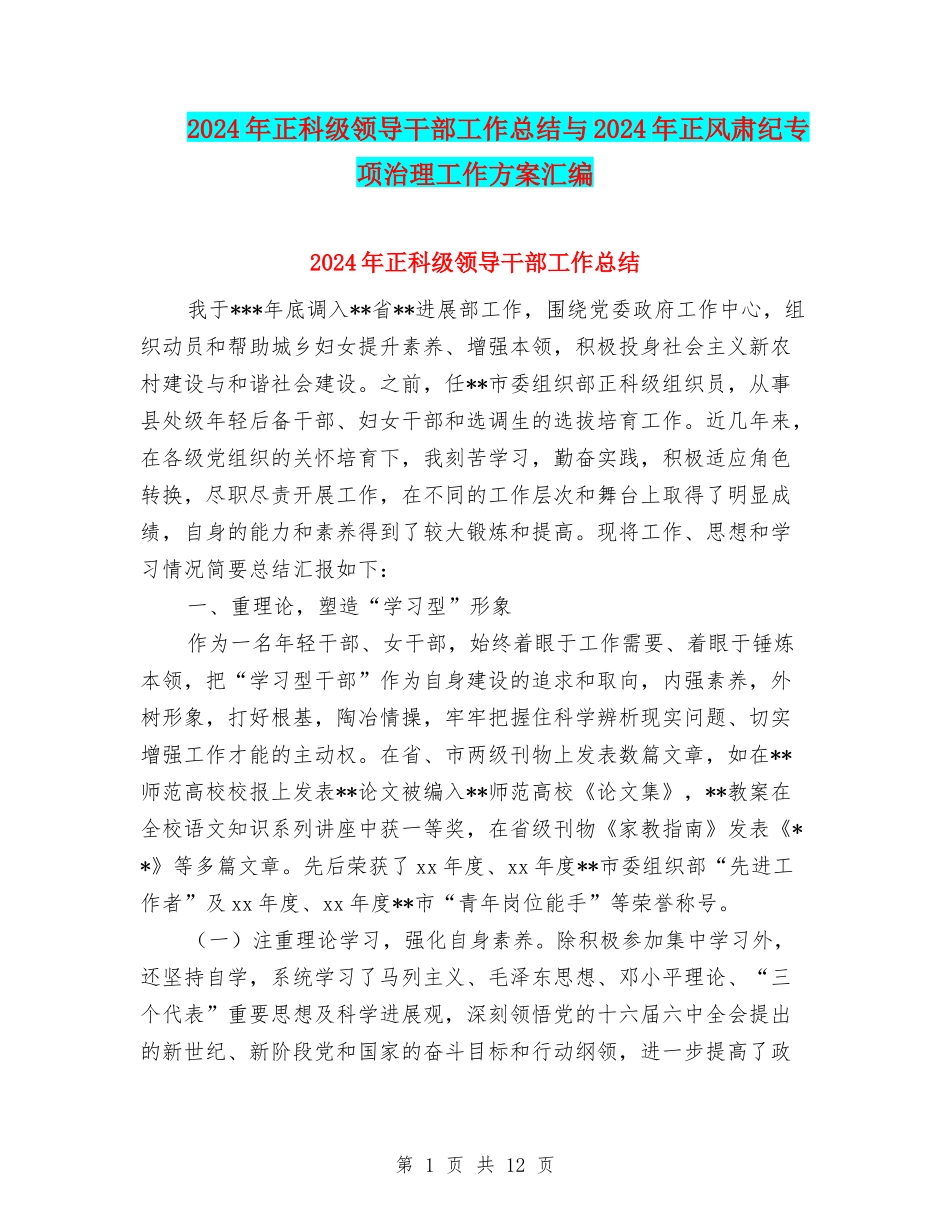 2024年正科级领导干部工作总结与2024年正风肃纪专项治理工作方案汇编_第1页