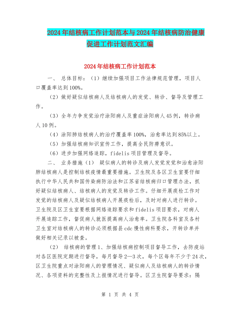 2024年结核病工作计划范本与2024年结核病防治健康促进工作计划范文汇编_第1页