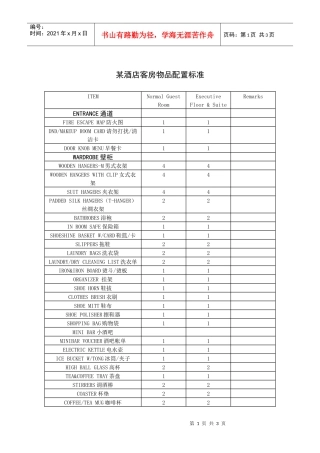 某酒店客房物品配置标准（中英文）