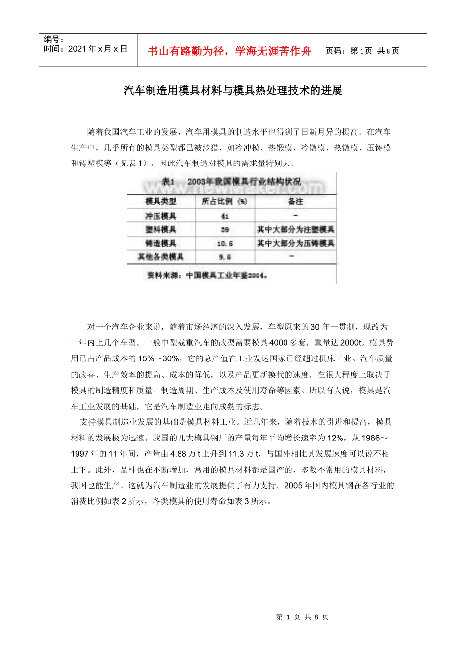 汽车制造用模具材料与模具热处理技术的进展_第1页