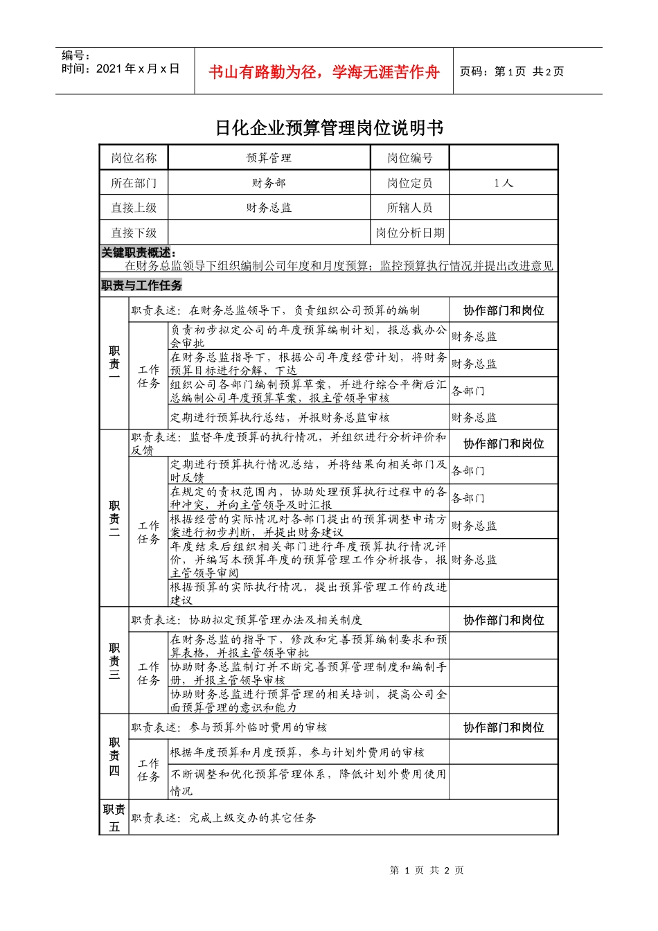 日化企业预算管理岗位说明书_第1页
