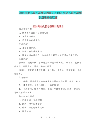 2024年幼儿园小班周计划表2与2024年幼儿园小班周计划表报告汇编