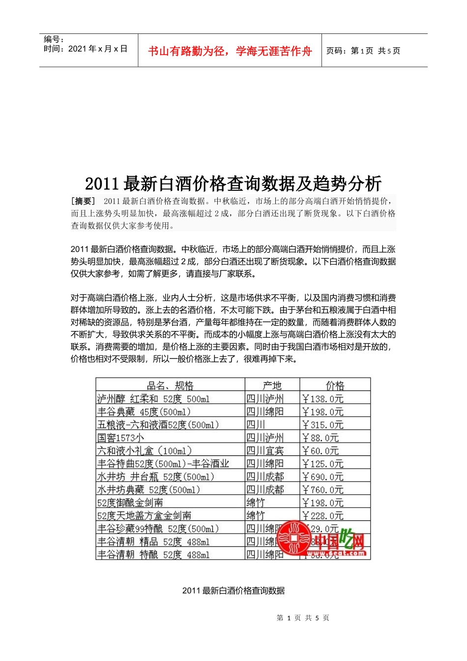 最新白酒价格查询数据与趋势分析_第1页