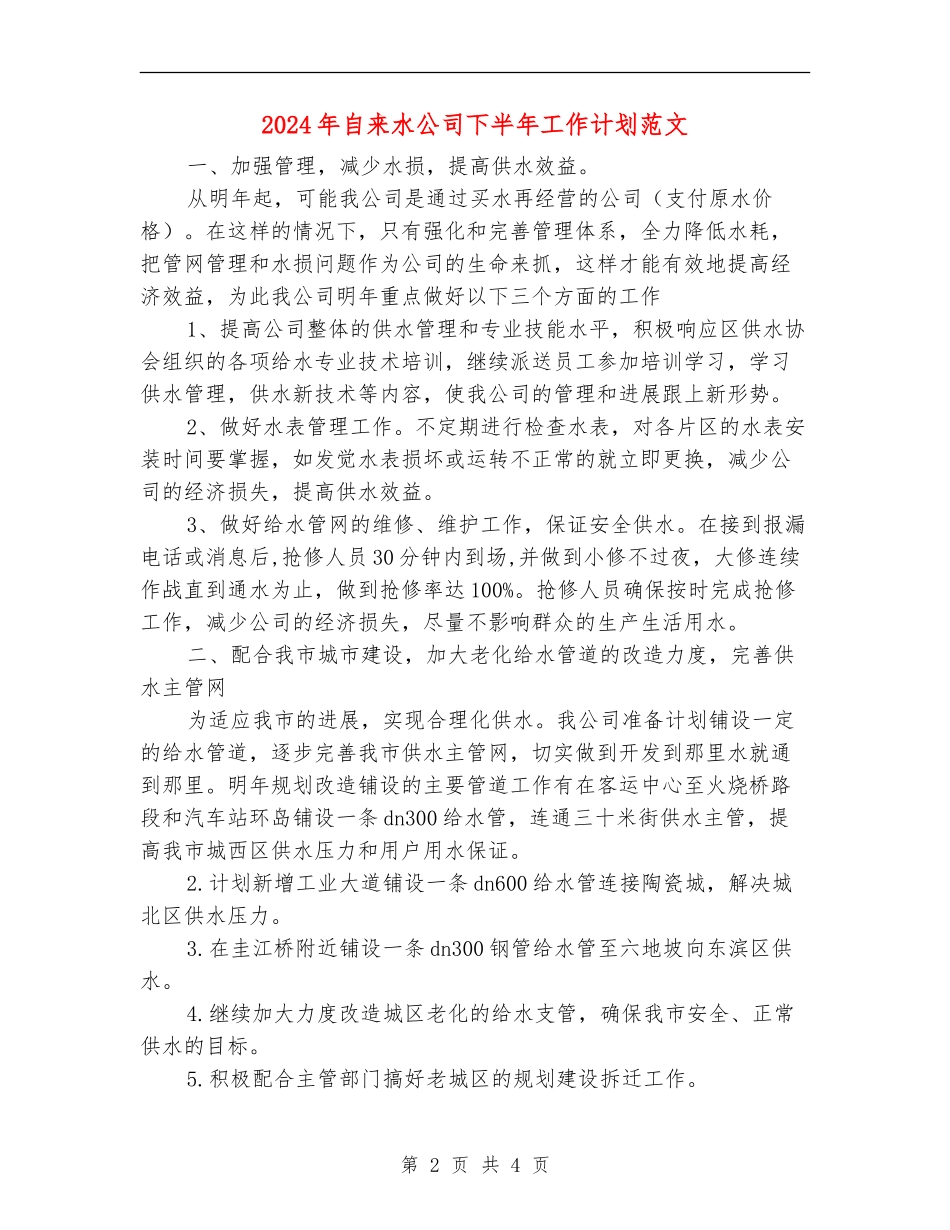 2024年自来水公司下半年工作计划范文_第2页