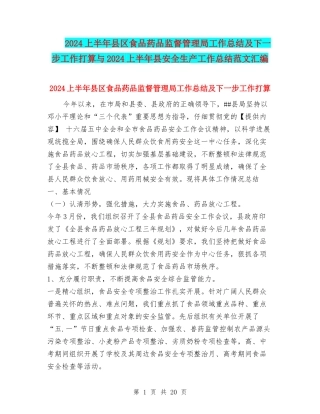 2024上半年县区食品药品监督管理局工作总结及下一步工作打算与2024上半年县安全生产工作总结范文汇编