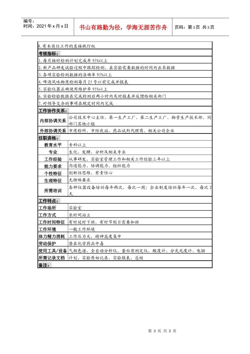 某啤酒企业实验主管岗岗位说明书_第3页