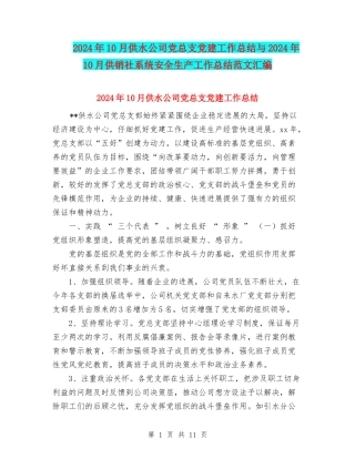 2024年10月供水公司党总支党建工作总结与2024年10月供销社系统安全生产工作总结范文汇编