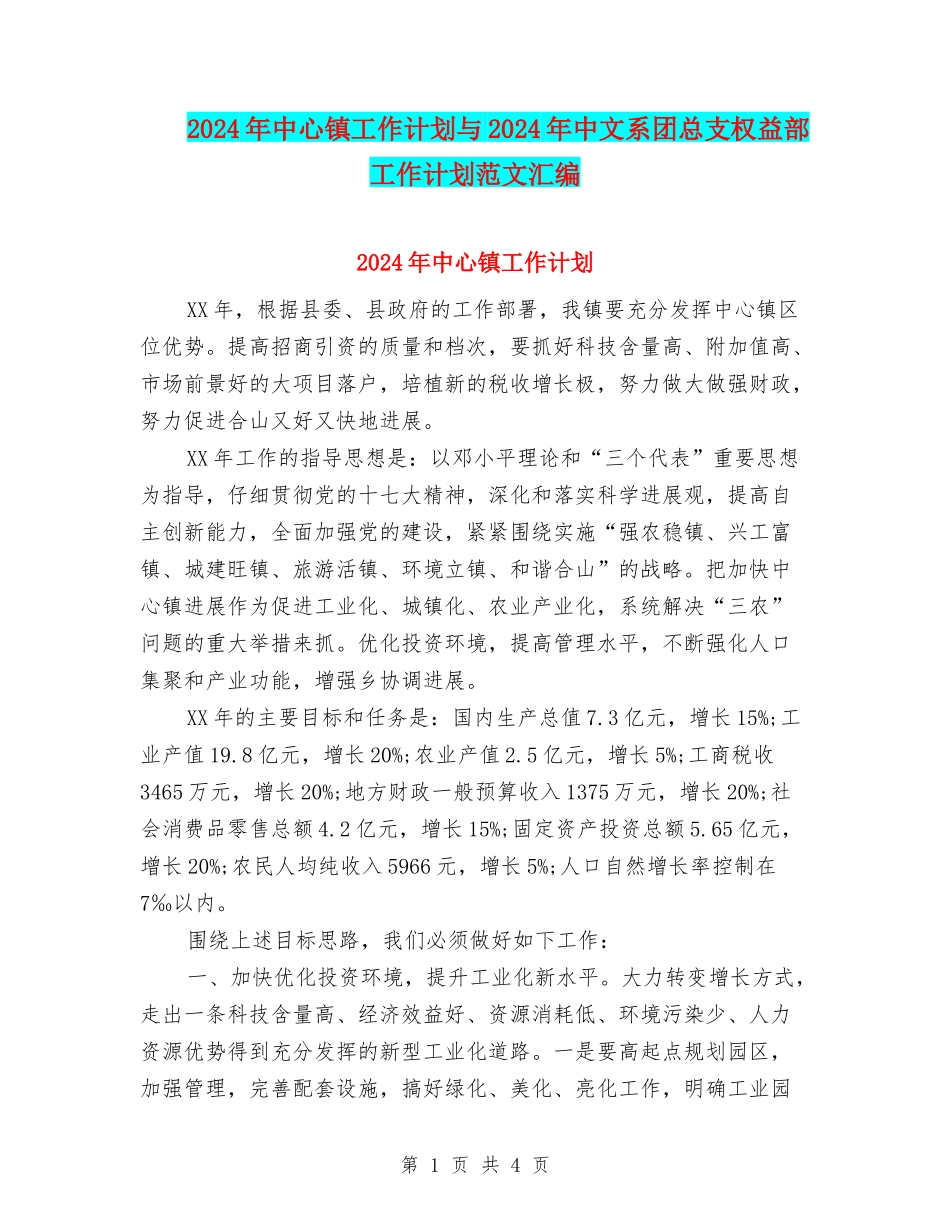 2024年中心镇工作计划与2024年中文系团总支权益部工作计划范文汇编_第1页