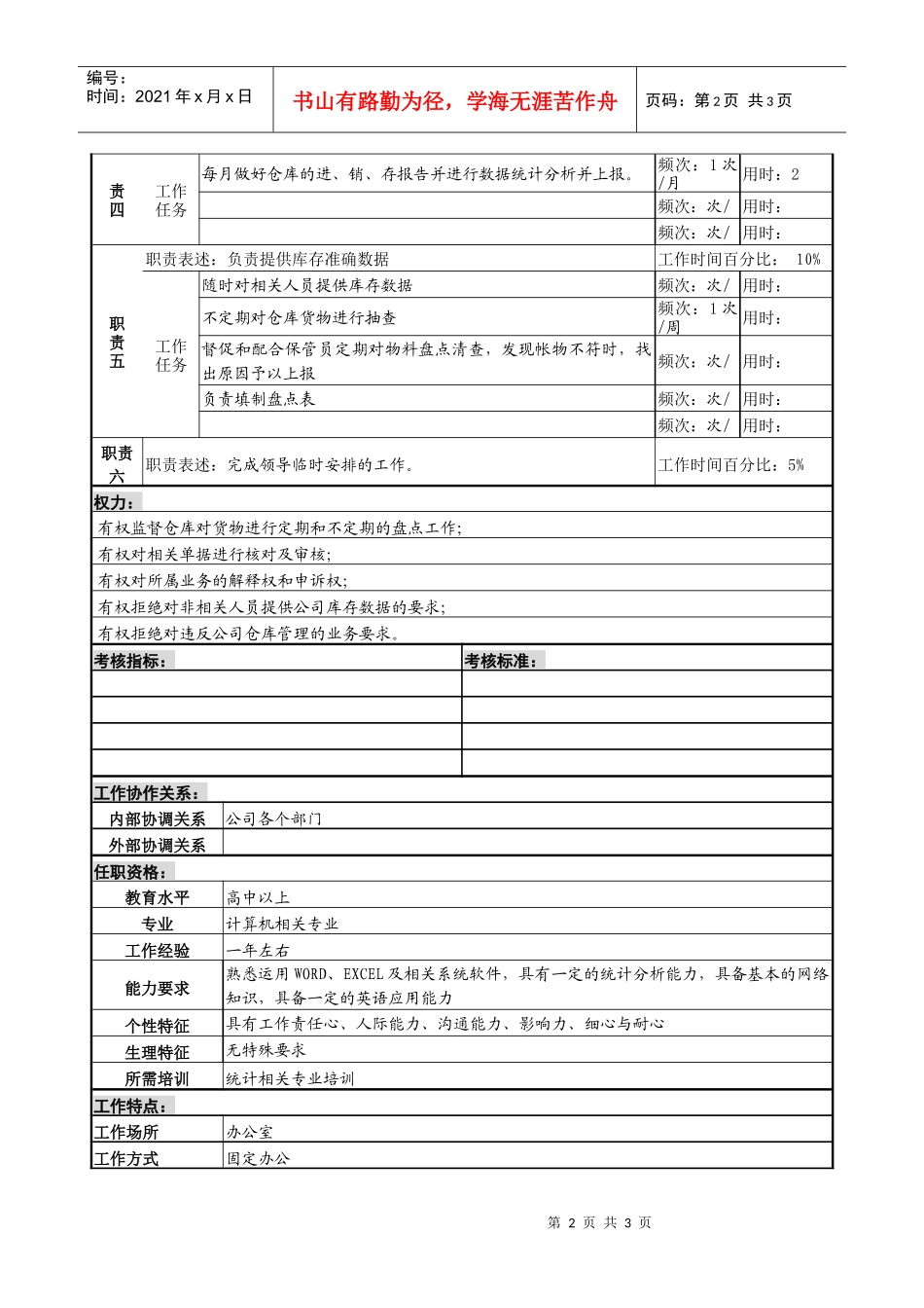 某服装生产企业仓库统计职位说明书_第2页