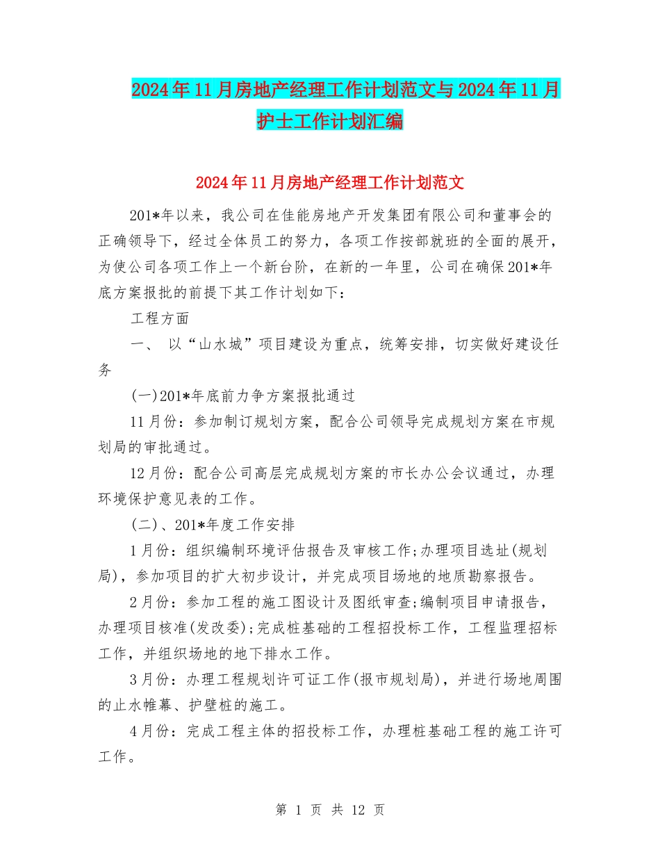 2024年11月房地产经理工作计划范文与2024年11月护士工作计划汇编_第1页