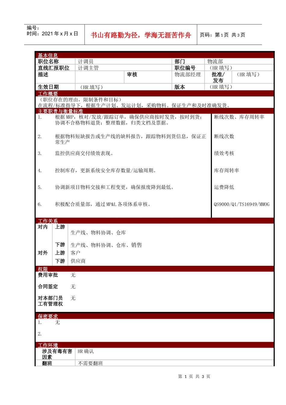 某大型电子公司物流部计调员职位说明书_第1页