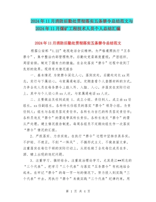2024年11月消防后勤处贯彻落实五条禁令总结范文与2024年11月煤矿工程技术人员个人总结汇编