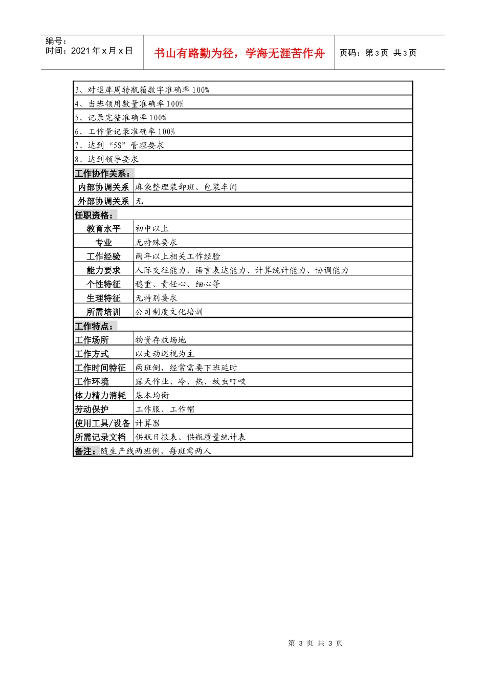 某啤酒企业瓶厂瓶场保管员b岗岗位说明书_第3页