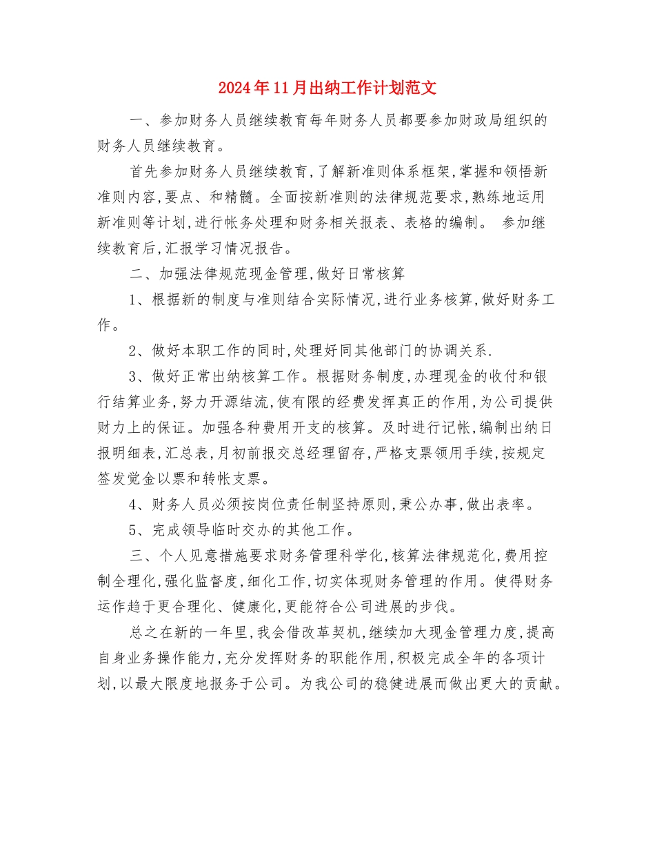 2024年11月出纳工作计划与2024年11月出纳工作计划范文汇编_第2页