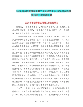 2024年电话营销试用期工作总结范文与2024年电话销售助理工作总结汇编