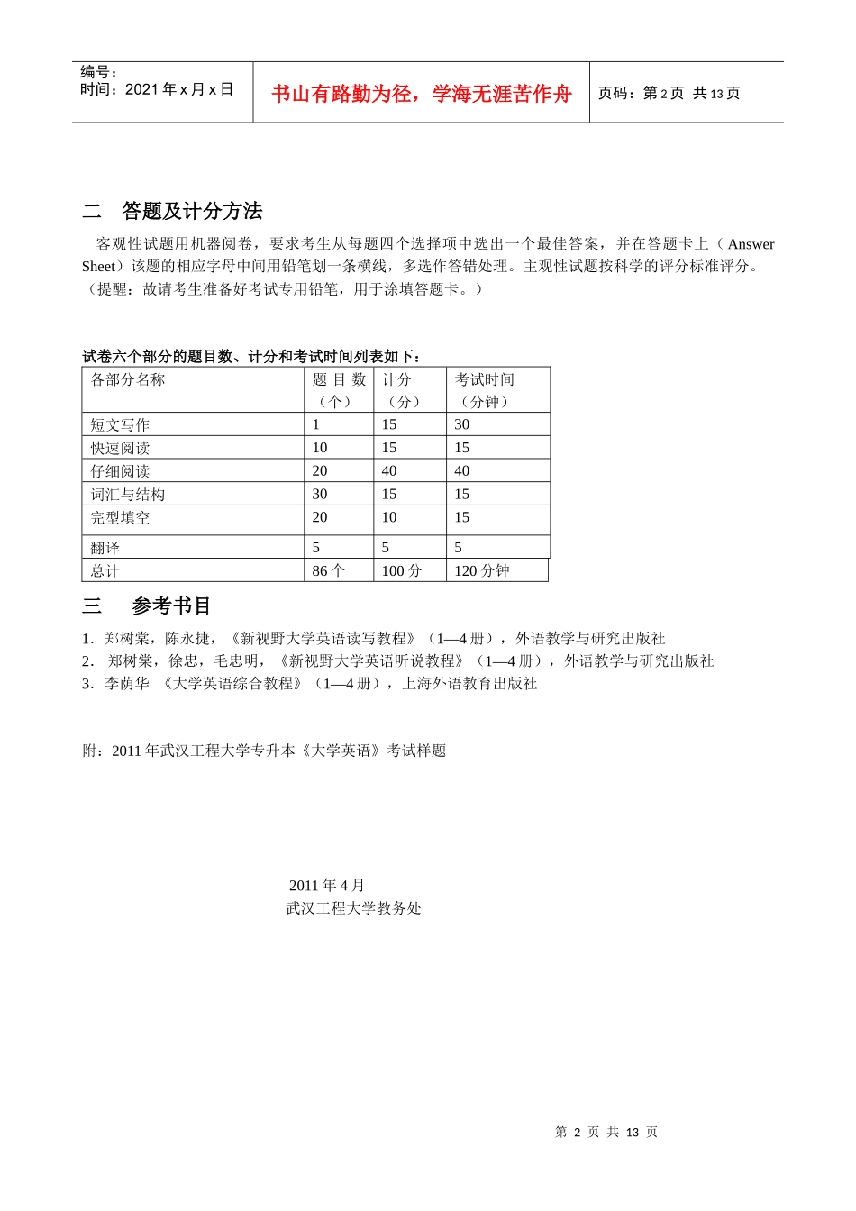 武汉工程大学XXXX年专升本《大学英语》考试大纲_第2页