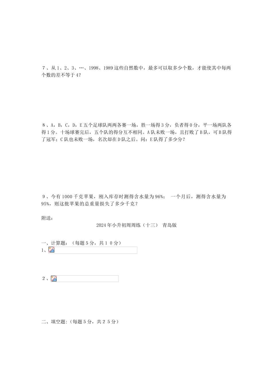 2024年小升初周周练(十一)-青岛版_第3页