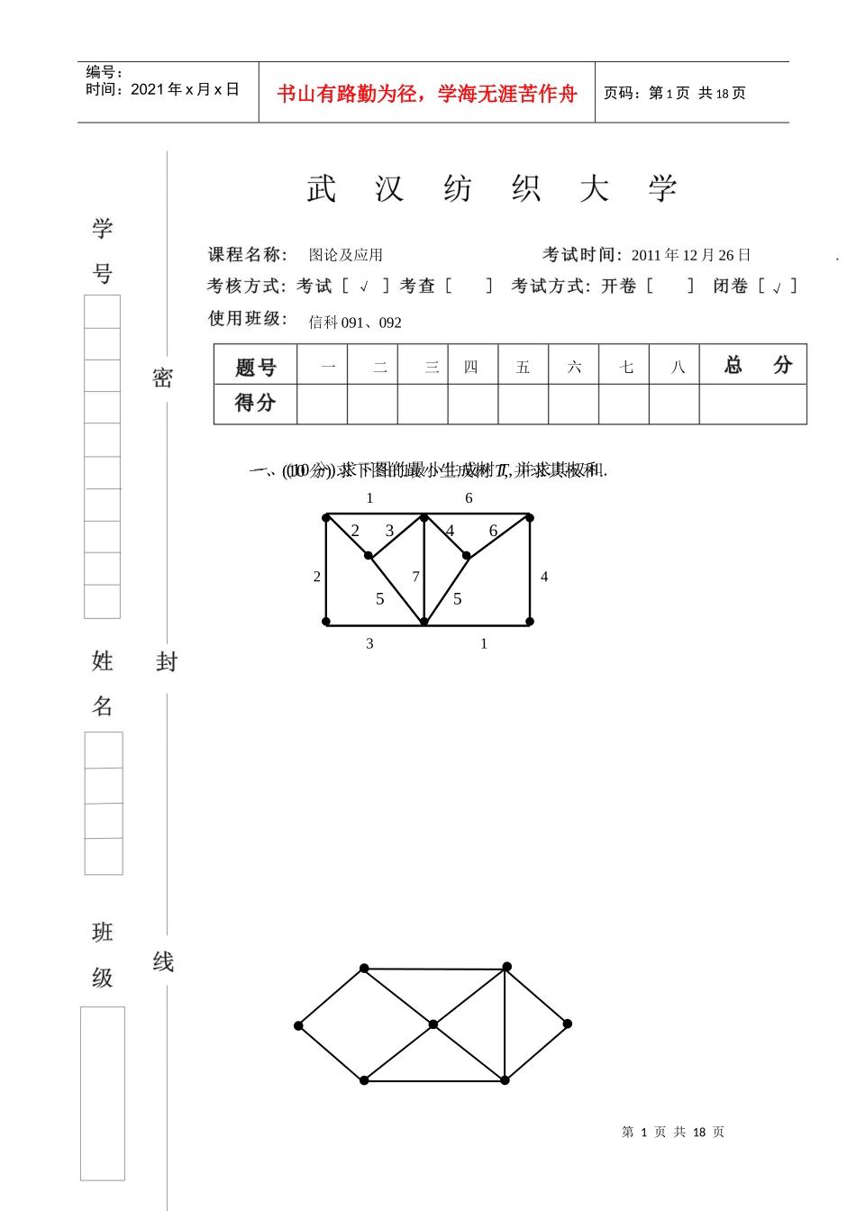 武汉纺织大学考试试卷模板_第1页