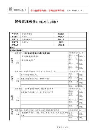 某服装生产企业综合办宿舍管理员职位说明书