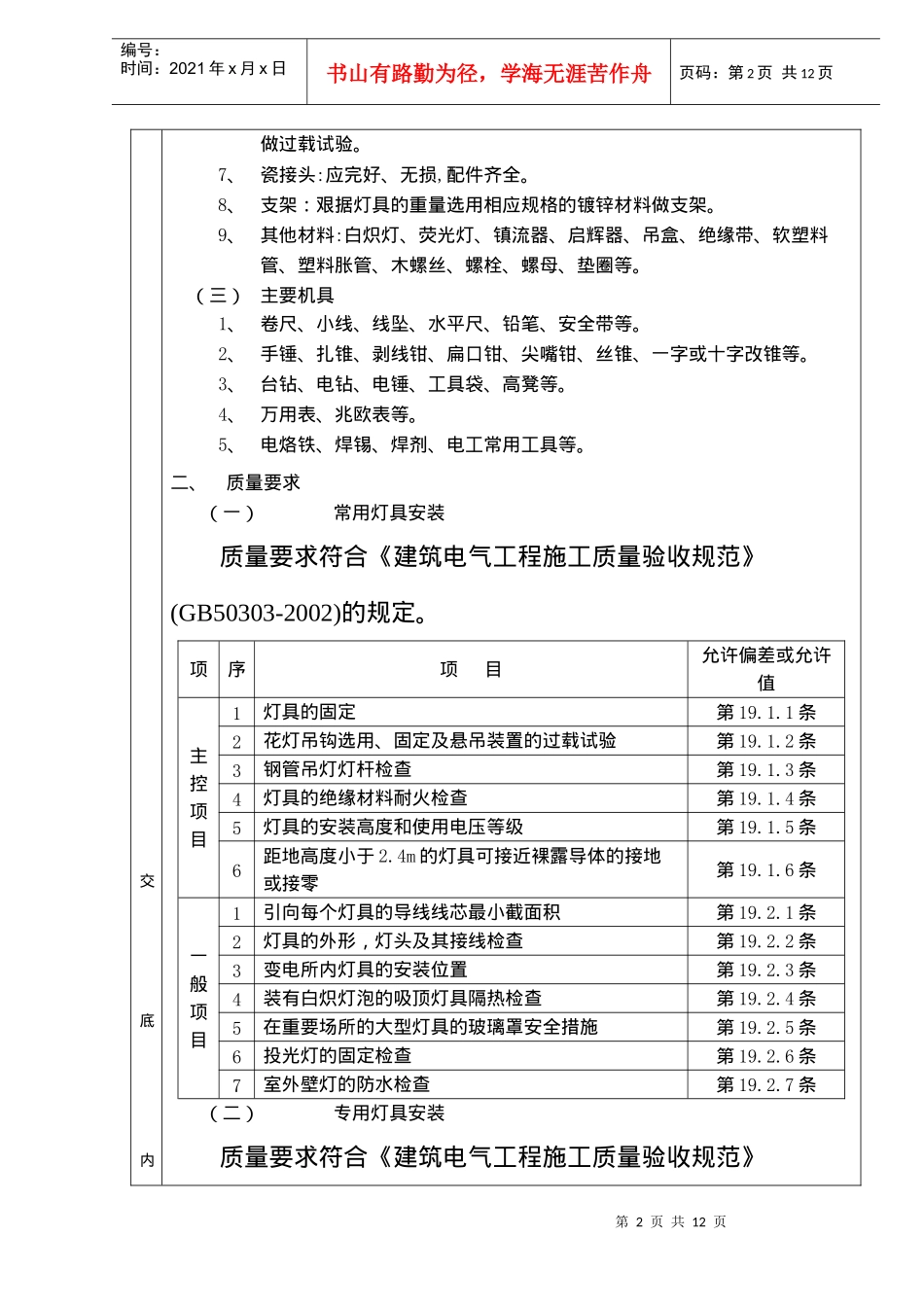 灯具安装分项工程质量要求技术交底卡_第2页