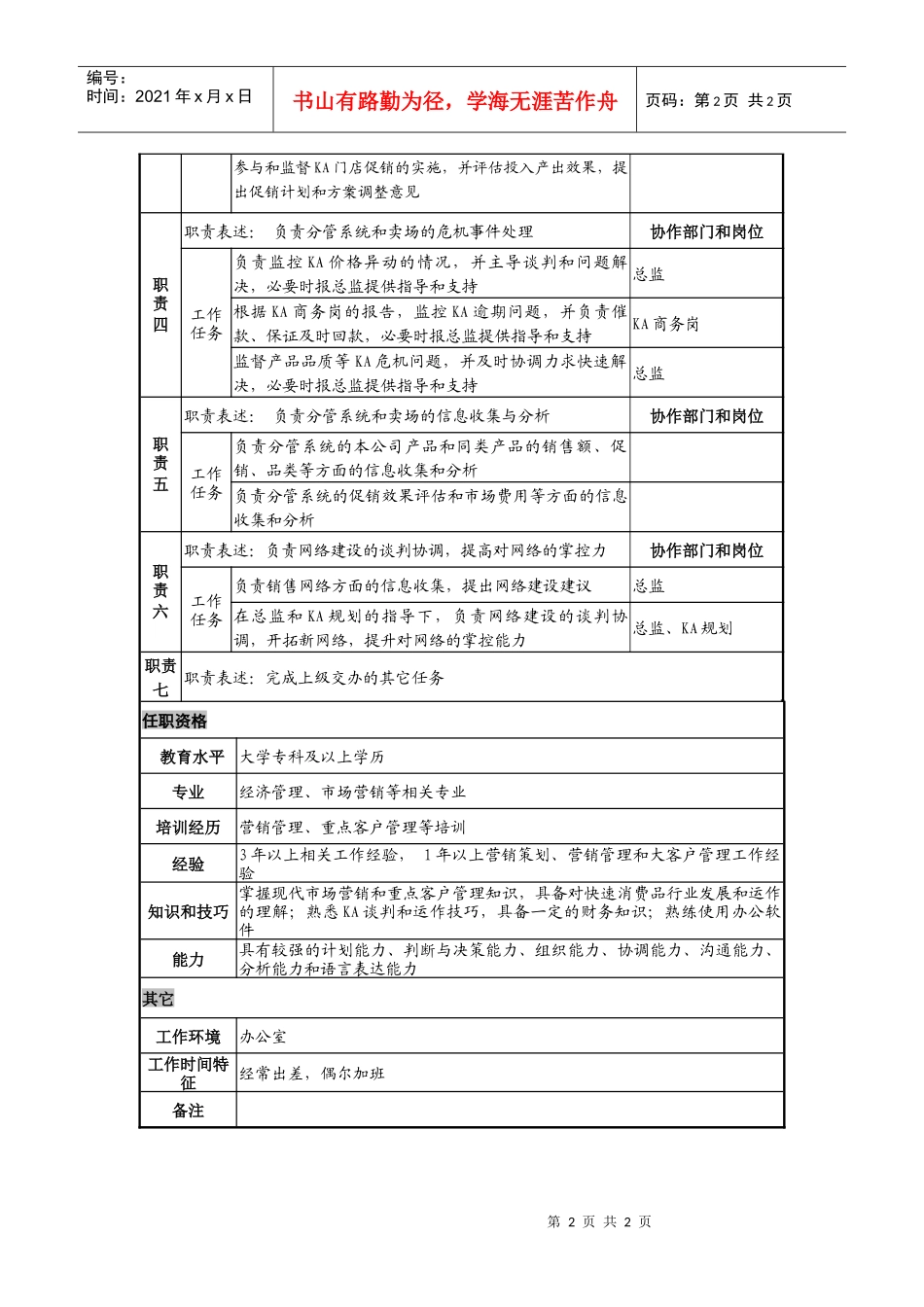 日化企业ka经理岗职务说明书_第2页