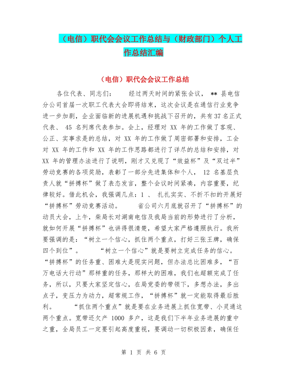 职代会会议工作总结与(财政部门)个人工作总结汇编_第1页