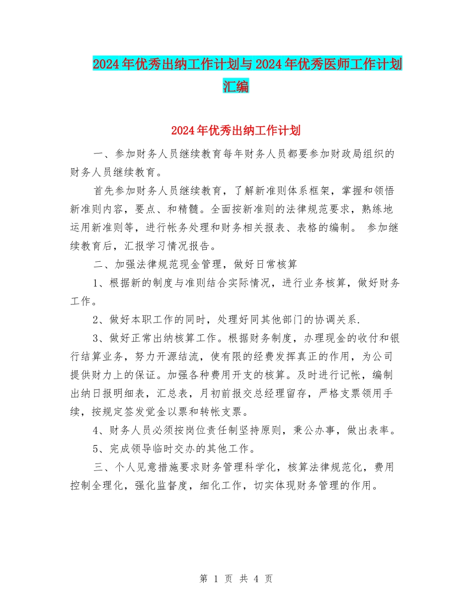 2024年优秀出纳工作计划与2024年优秀医师工作计划汇编_第1页