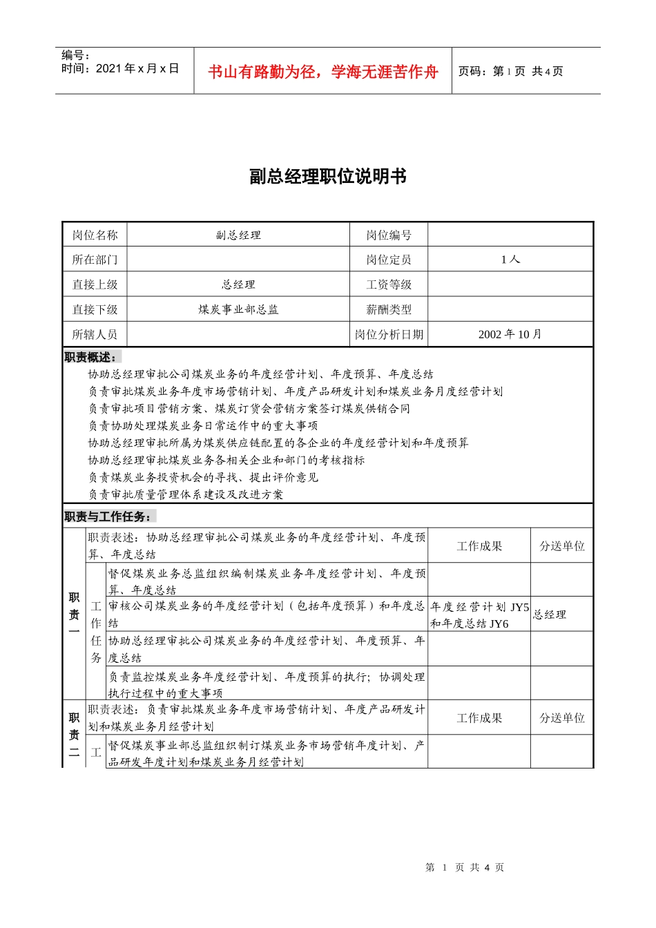 煤炭行业-集团公司-副总经理岗位说明书_第1页