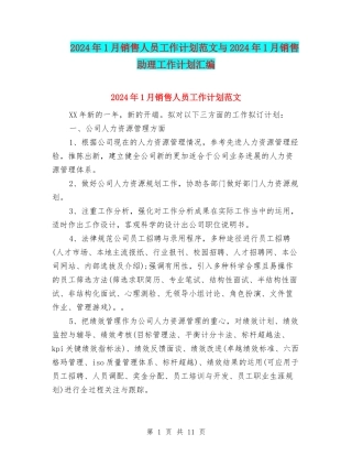 2024年1月销售人员工作计划范文与2024年1月销售助理工作计划汇编