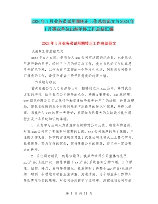 2024年1月业务员试用期转正工作总结范文与2024年1月事业单位出纳年终工作总结汇编