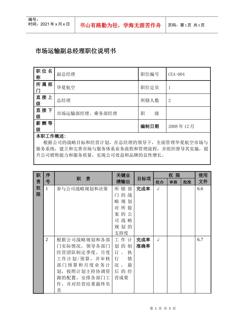 某航空物流公司市场运输副总经理职位说明书及关键绩效标准_第1页