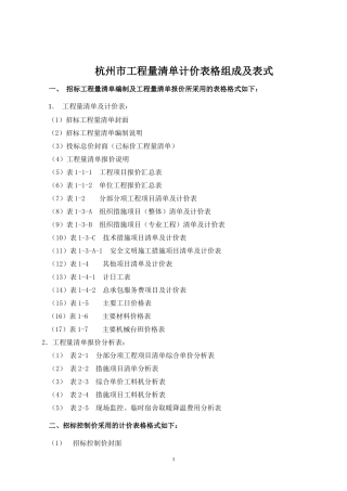 杭州市工程量13清单计价表格组成及表式