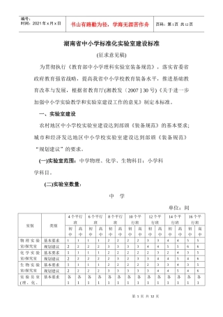 湖南省中小学标准化实验室建设标准概述