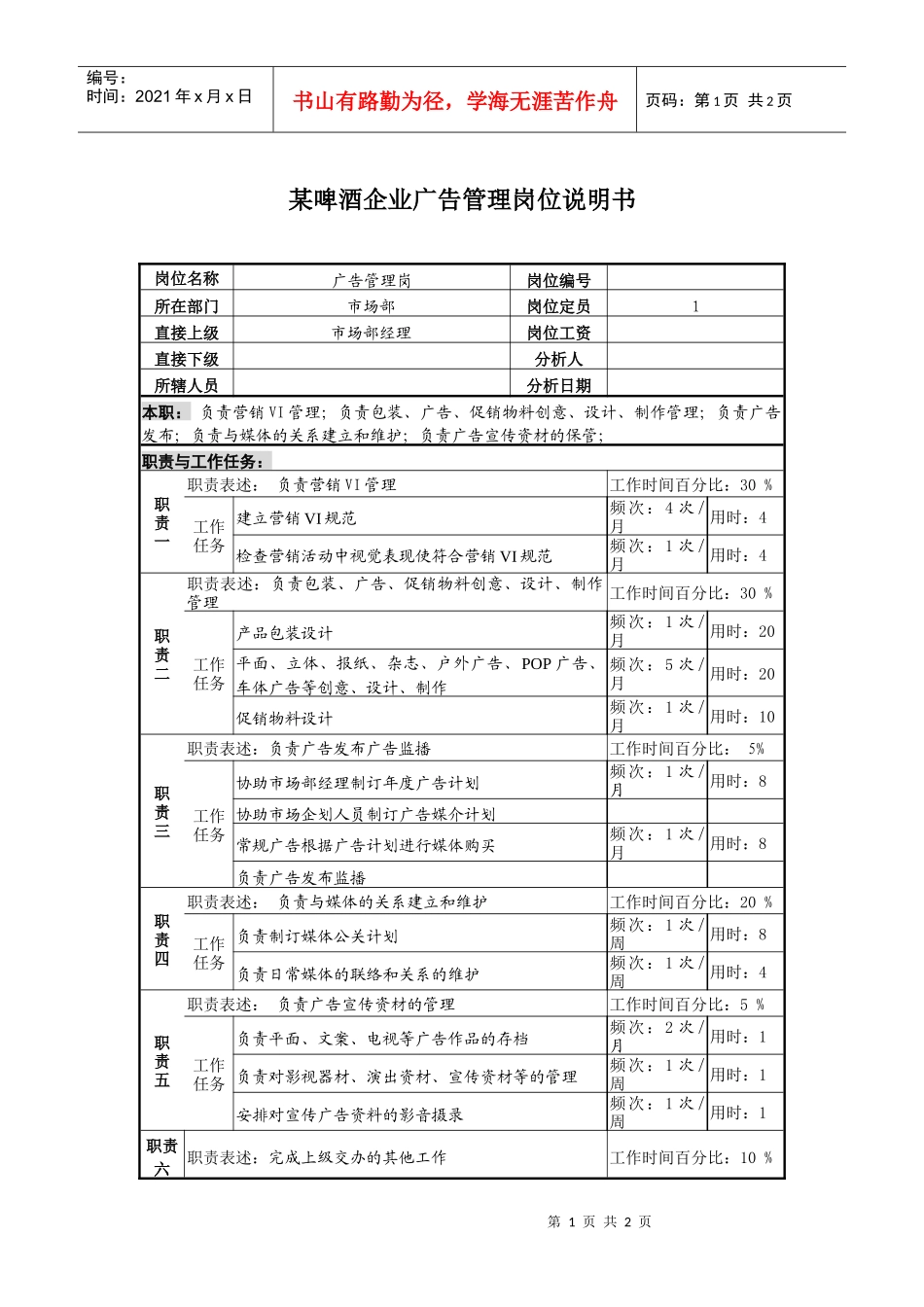 某啤酒企业广告管理岗位说明书_第1页