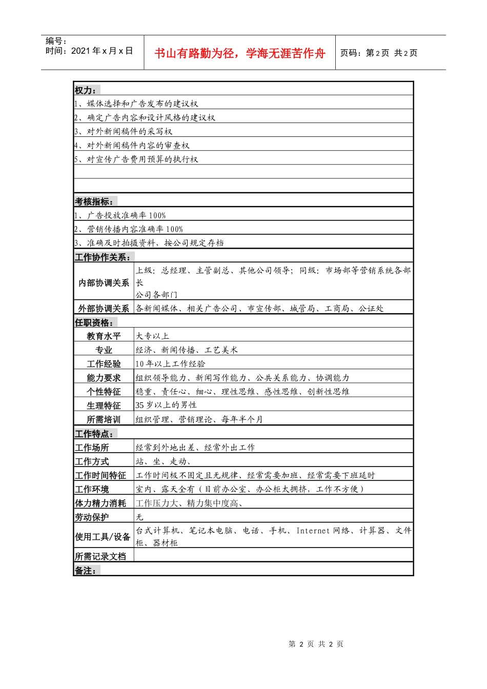 某啤酒企业广告管理岗位说明书_第2页