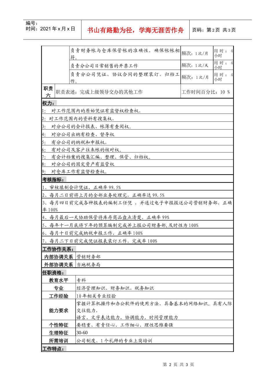 某啤酒企业营销分公司会计岗位说明书_第2页