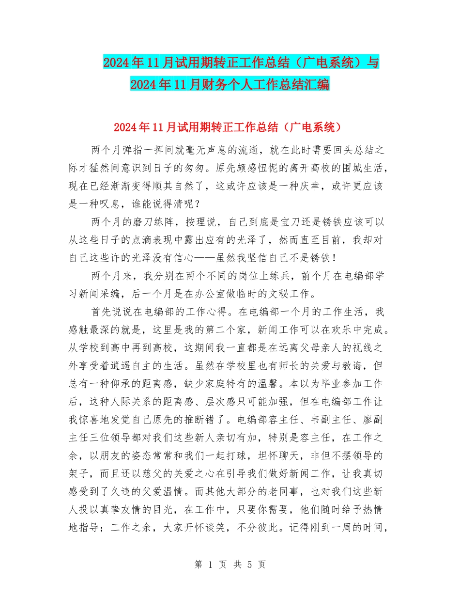 2024年11月试用期转正工作总结与2024年11月财务个人工作总结汇编_第1页