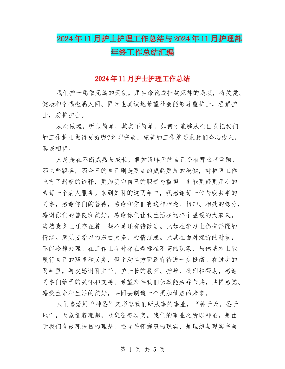 2024年11月护士护理工作总结与2024年11月护理部年终工作总结汇编_第1页